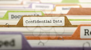 Confidential Data Concept on File Label in Multicolor Card Index. Closeup View. Selective Focus. 3D Render. 
