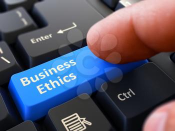 Business Ethics Concept. Person Click on Blue Keyboard Button with Business Ethics. Selective Focus. Closeup View. 3D Render.