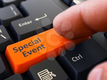 Computer User Presses Orange Button Special Event on Black Keyboard. Closeup View. Blurred Background. 3D Render.