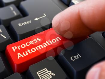 Process Automation Button. Male Finger Clicks on Red Button on Black Keyboard. Closeup View. Blurred Background. 3D Render.
