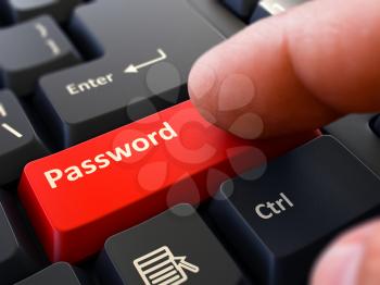 Password - Written on Red Keyboard Key. Male Hand Presses Button on Black PC Keyboard. Closeup View. Blurred Background. 3D Render.