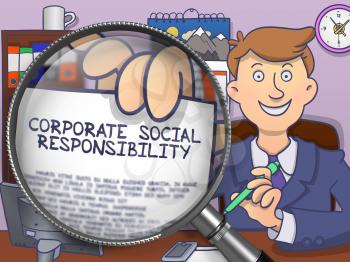 Corporate Social Responsibility. Businessman in Office Shows Paper with Inscription Corporate Social Responsibility. Closeup View through Lens. Multicolor Doodle Style Illustration.