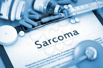 Sarcoma, Medical Concept with Pills, Injections and Syringe. Sarcoma - Printed Diagnosis with Blurred Text. Sarcoma, Medical Concept with Selective Focus. 3D Render.
