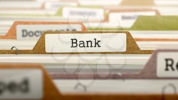 File Folder Labeled as Bank in Multicolor Archive. Closeup View. Blurred Image. 3D Render.