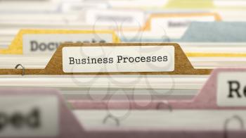 Business Processes on Business Folder in Multicolor Card Index. Closeup View. Blurred Image. 3D Render.