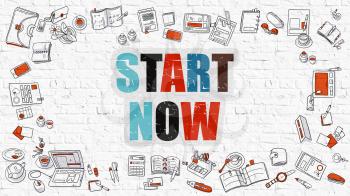 Start Now Concept. Modern Line Style Illustration. Multicolor Start Now Drawn on White Brick Wall. Doodle Icons. Doodle Design Style of Start Now Concept.