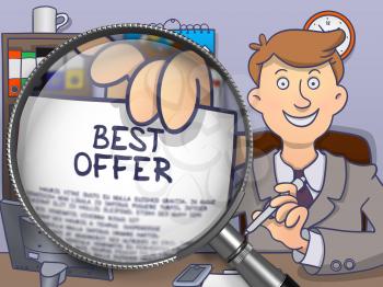 Businessman in Suit Looking at Camera and Holding a Paper with Concept Best Offer through Magnifying Glass. Closeup View. Multicolor Doodle Illustration.