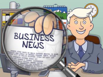 Man Holds Out a Text on Paper Business News. Closeup View through Magnifier. Colored Doodle Illustration.