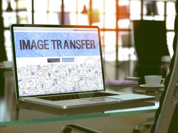 Image Transfer Concept - Closeup on Landing Page of Laptop Screen in Modern Office Workplace. Toned Image with Selective Focus. 3D Render.
