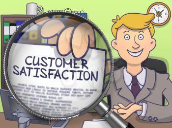 Businessman in Office Shows Paper with Concept Customer Satisfaction. Closeup View through Magnifying Glass. Multicolor Doodle Style Illustration.