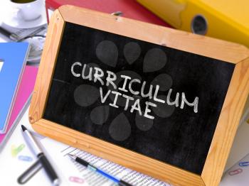 Curriculum Vitae - Chalkboard with Hand Drawn Text, Stack of Office Folders, Stationery, Reports on Blurred Background. Toned Image. 3D Render.