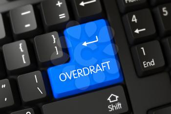 Overdraft Concept: Black Keyboard with Overdraft, Selected Focus on Blue Enter Key. Modernized Keyboard with Hot Keypad for Overdraft. 3D Illustration.