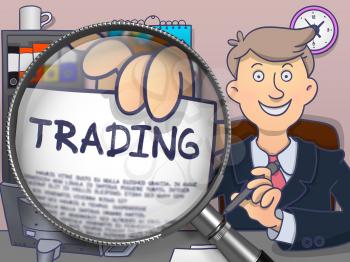 Trading. Text on Paper in Man's Hand through Magnifying Glass. Multicolor Doodle Illustration.