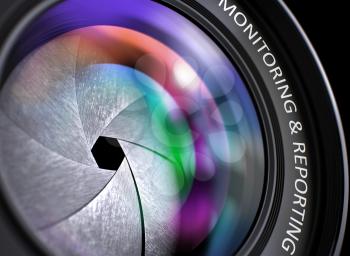 Digital Camera Lens with Monitoring & Reporting Concept. Monitoring & Reporting on Digital Camera Lens. Colorful Lens Flares. Selective Focus with Shallow Depth of Field. 3D Render.