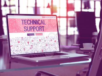 Technical Support Concept - Closeup on Landing Page of Laptop Screen in Modern Office Workplace. Toned Image with Selective Focus. 3D Render.