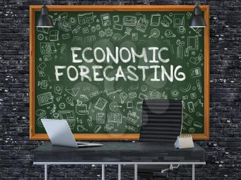 Hand Drawn Economic Forecasting on Green Chalkboard. Modern Office Interior. Dark Brick Wall Background. Business Concept with Doodle Style Elements. 3D.