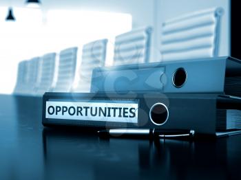 Opportunities. Business Concept on Blurred Background. File Folder with Inscription Opportunities on Black Working Desk. 3D Render.