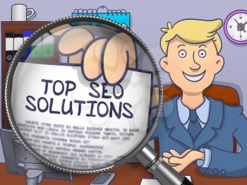 Top SEO Solutions. Paper with Inscription in Officeman's Hand through Magnifying Glass. Multicolor Modern Line Illustration in Doodle Style.