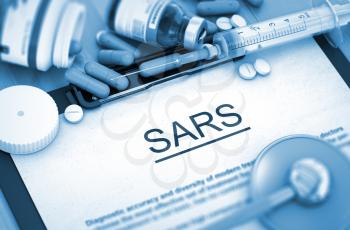 Diagnosis - SARS On Background of Medicaments Composition - Pills, Injections and Syringe. 3D Render.