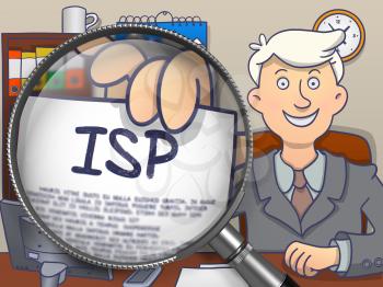 ISP - Internet Service Provider - Handsome Officeman Welcomes in Office and Holds Out a Paper with Offer through Magnifier. Multicolor Doodle Style Illustration.