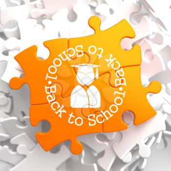 Back to School Written Arround Icon of Human Silhouette in Grad Hat on Orange Puzzle. Education Concept.