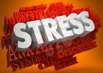 Stress - the Word in White Color on Cloud of Red Words on Orange Background.