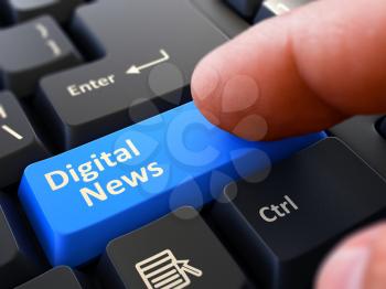 Digital News Button. Male Finger Clicks on Blue Button on Black Keyboard. Closeup View. Blurred Background. 3D Render.