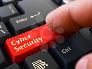 Cyber Security - Written on Red Keyboard Key. Male Hand Presses Button on Black PC Keyboard. Closeup View. Blurred Background.