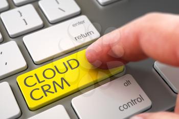 Selective Focus on the Cloud CRM Keypad. Hand Touching Cloud CRM Button. Man Finger Pushing Yellow Cloud CRM Button on Modern Keyboard. Finger Pushing Cloud CRM Button on Slim Aluminum Keyboard. 3D.