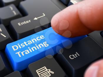 Distance Training Button. Male Finger Clicks on Blue Button on Black Keyboard. Closeup View. Blurred Background. 3D Render.