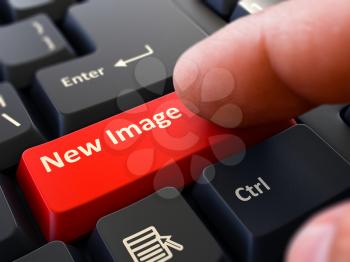 New Image Button. Male Finger Clicks on Red Button on Black Keyboard. Closeup View. Blurred Background. 3D Render.