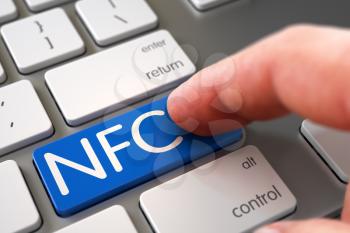NFC Concept - Modern Keyboard with NFC Keypad. Hand Finger Press NFC Keypad. Selective Focus on the NFC Keypad. Hand Pushing NFC Blue Metallic Keyboard Keypad. 3D Render.