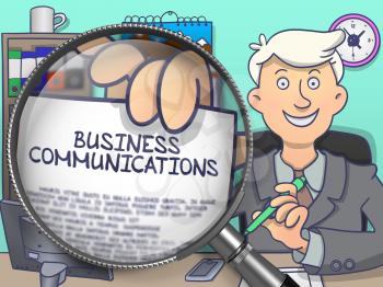 Business Communications on Paper in Businessman's Hand to Illustrate a Business Concept. Closeup View through Magnifier. Colored Doodle Style Illustration.