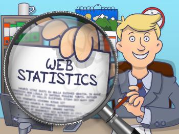 Officeman Showing a Paper with Inscription Web Statistics. Closeup View through Lens. Multicolor Modern Line Illustration in Doodle Style.