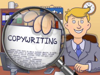 Business Man in Office Shows Paper with Concept Copywriting. Closeup View through Lens. Multicolor Doodle Style Illustration.