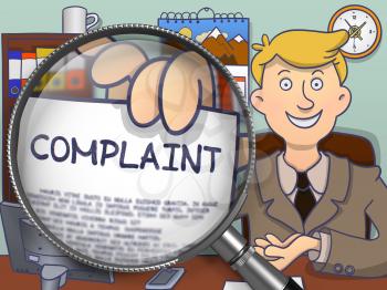 Complaint on Paper in Businessman's Hand to Illustrate a Business Concept. Closeup View through Magnifying Glass. Colored Doodle Illustration.