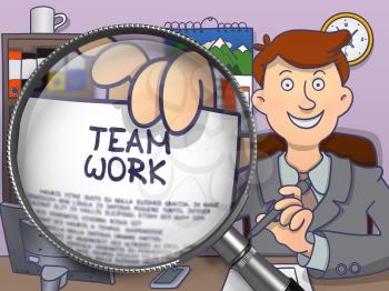 Team Work. Happy Businessman Sitting in Office and Showing a Text on Paper through Magnifier. Colored Doodle Style Illustration.