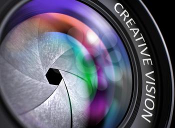 Creative Vision on SLR Camera Lens. Colorful Lens Flares. Selective Focus with Shallow Depth of Field. Black Digital Camera Lens with Creative Vision Concept, Closeup. Lens Flare Effect. 3D.