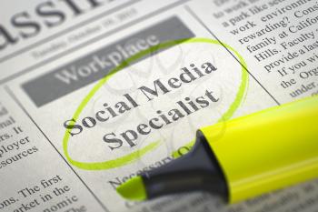 Social Media Specialist. Newspaper with the Small Advertising, Circled with a Yellow Marker. Blurred Image. Selective focus. Job Search Concept. 3D Render.