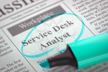 Service Desk Analyst - Jobs in Newspaper, Circled with a Azure Highlighter. Blurred Image. Selective focus. Job Search Concept. 3D Render.