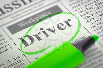 Driver. Newspaper with the Small Ads of Job Search, Circled with a Green Marker. Blurred Image. Selective focus. Job Search Concept. 3D Illustration.