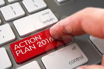 Hand Pushing Action Plan 2016 Red Metallic Keyboard Button. Man Finger Pressing Action Plan 2016 Button on Laptop Keyboard. Action Plan 2016 Concept. 3D Render.