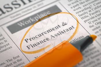 Procurement and Finance Assistant. Newspaper with the Jobs, Circled with a Orange Marker. Blurred Image with Selective focus. Job Seeking Concept. 3D Render.