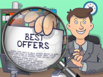 Man in Suit Holding a Paper with Text Best Offers. Closeup View through Magnifying Glass. Multicolor Modern Line Illustration in Doodle Style.