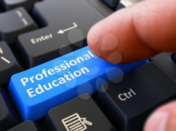 Professional Education Button. Male Finger Clicks on Blue Button on Black Keyboard. Closeup View. Blurred Background. 3D Render.
