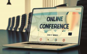 Online Conference. Closeup Landing Page on Mobile Computer Screen. Modern Meeting Hall Background. Blurred Image. Selective focus. 3D.