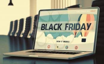 Black Friday. Closeup Landing Page on Laptop Screen. Modern Meeting Room Background. Toned Image. Selective Focus. 3D Illustration.