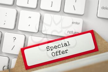 Special Offer written on Red Folder Index Concept on Background of Modern Keyboard. Archive Concept. Closeup View. Blurred Illustration. 3D Rendering.