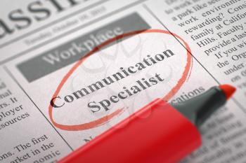 Communication Specialist. Newspaper with the Job Vacancy, Circled with a Red Highlighter. Blurred Image with Selective focus. Hiring Concept. 3D Illustration.