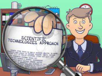 Scientific Technologies Approach. Business Man Holds Out Paper with text through Magnifying Glass. Colored Modern Line Illustration in Doodle Style.